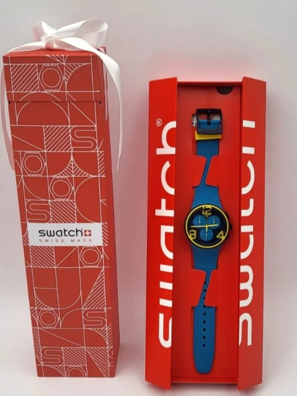 Swatch ON YOUR MARK SUSS100 Blue Yellow Chronograph Swiss Quartz Watch 42mm